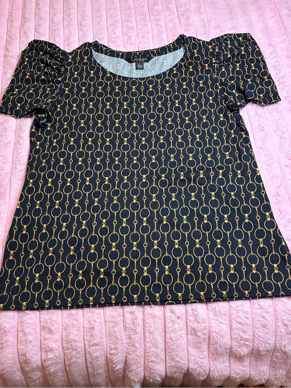 Ralph Lauren Navy Short-Sleeve Top with Gold Chain Print